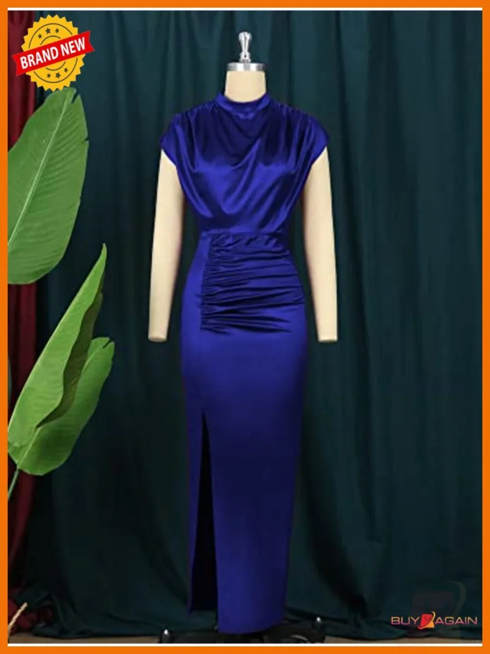Women's Satin Mock Neck High Slit Maxi Formal Dress Sleeveless